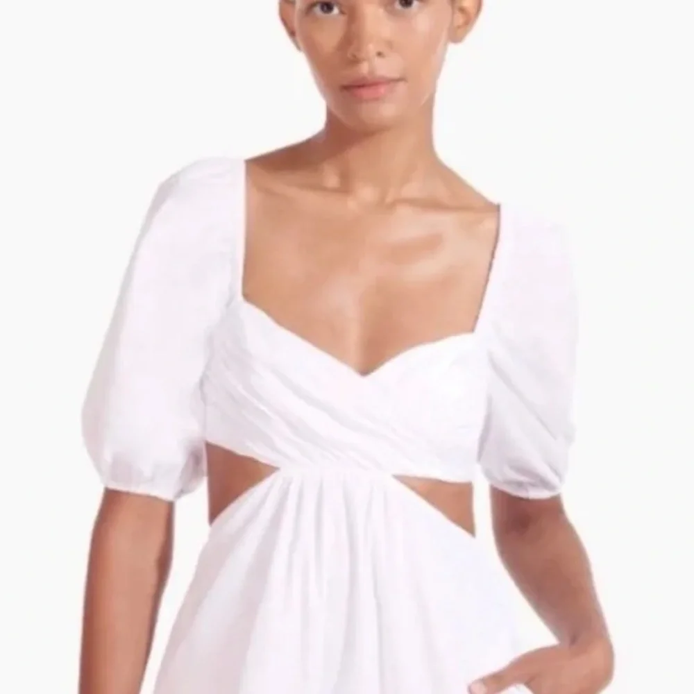 NWT Staud Carina Cut Out Puff Sleeves Midi Dress Size XL White Romantic Feminine - Picture 5 of 15